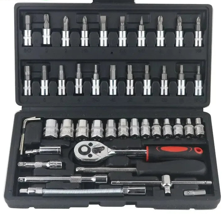 Kit de Herramientas Mecánica 46 Piezas 1/4" – Juego de Vasos, Carraca y Llave para Reparación