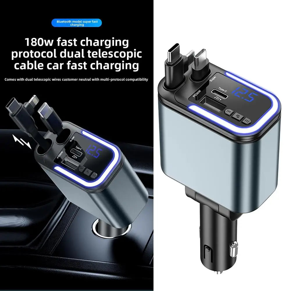Cargador de Coche 5 en 1 con Bluetooth FM – Carga Rápida USB, Cable Retráctil, MP3 y Soporte U Disk
