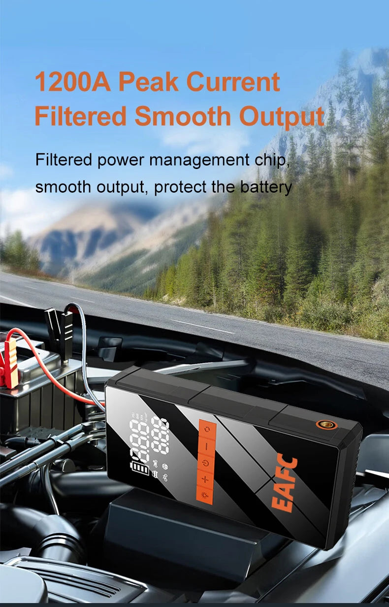 Arrancador de Coche 1200A con Compresor 150 PSI – Jump Starter Portátil con Power Bank