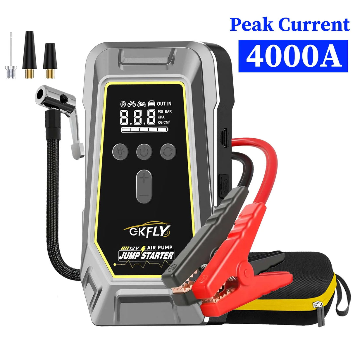 GKFLY 4 en 1 Arrancador de Coche 7000A con Compresor 150 PSI – Power Bank y Bomba Digital 12V