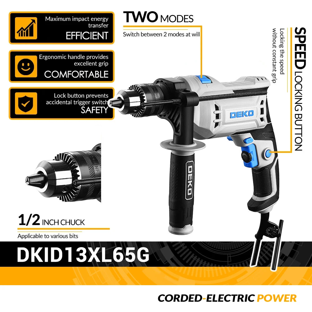 Taladro de Impacto DEKO DKID13XL65G 220V – Profesional 2 en 1 Taladro y Destornillador Eléctrico Serie DKID