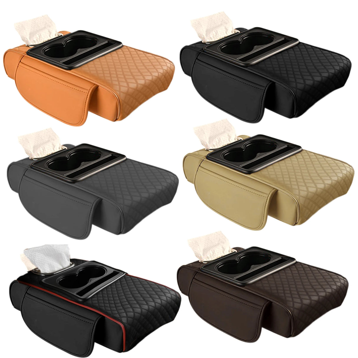 Caja Reposabrazos de Coche con Portavasos y Almacenamiento Lateral – Cojín Elevador con Soporte para Pañuelos y Cubierta Interior