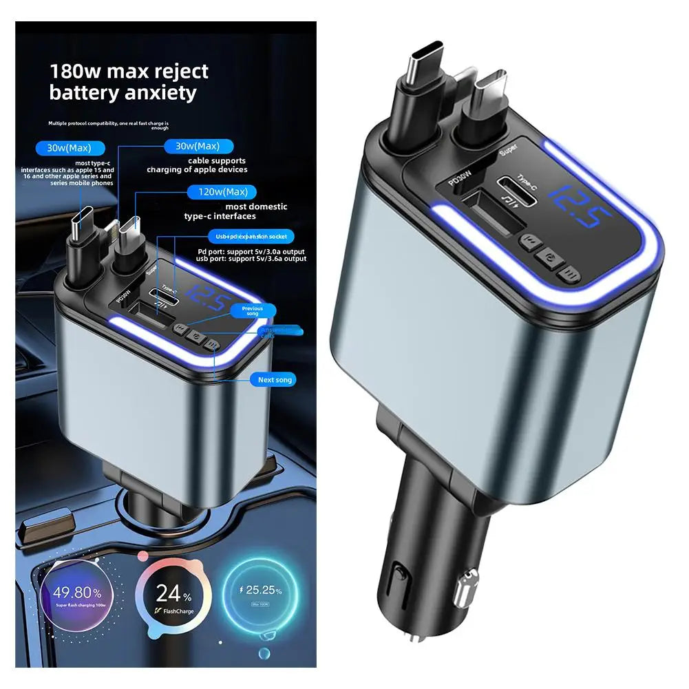 Cargador de Coche 5 en 1 con Bluetooth FM – Carga Rápida USB, Cable Retráctil, MP3 y Soporte U Disk