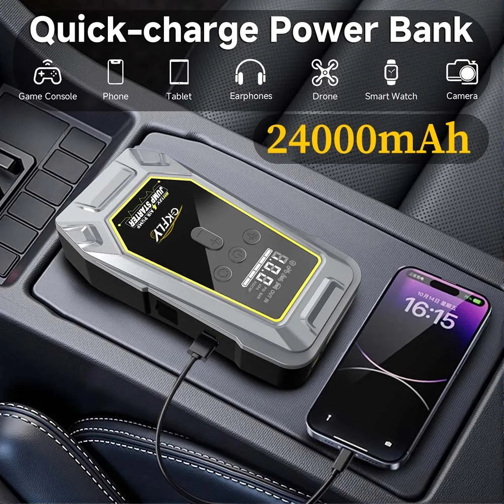 GKFLY 4 en 1 Arrancador de Coche 7000A con Compresor 150 PSI – Power Bank y Bomba Digital 12V