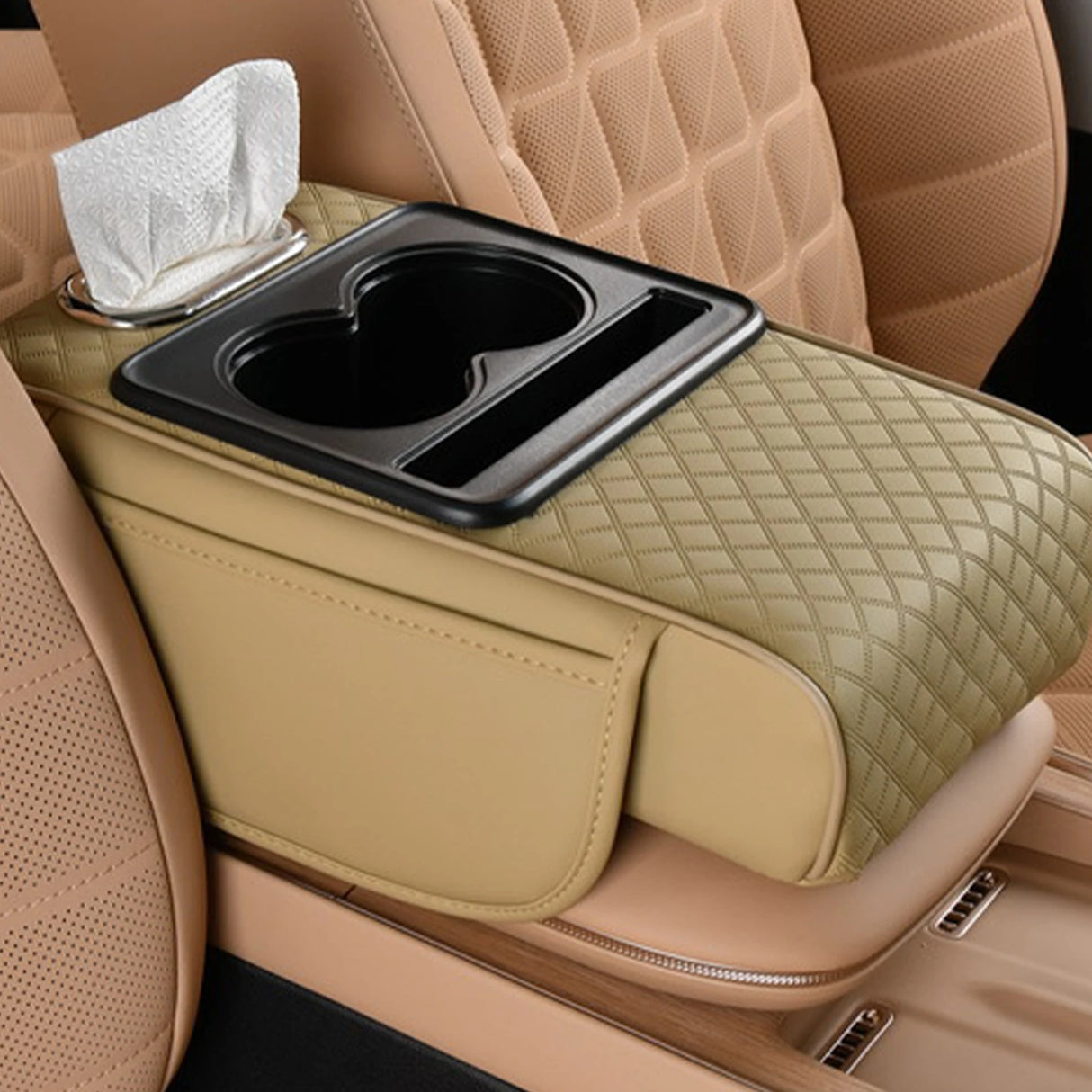 Caja Reposabrazos de Coche con Portavasos y Almacenamiento Lateral – Cojín Elevador con Soporte para Pañuelos y Cubierta Interior