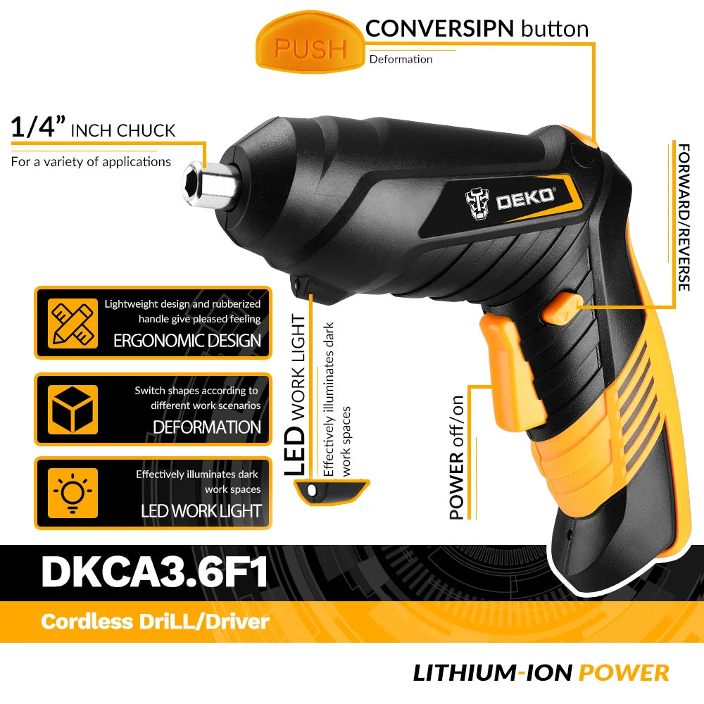 Destornillador Eléctrico Inalámbrico DEKO DKCS3.6O1 – Batería Recargable con Mango Giratorio y Luz LED