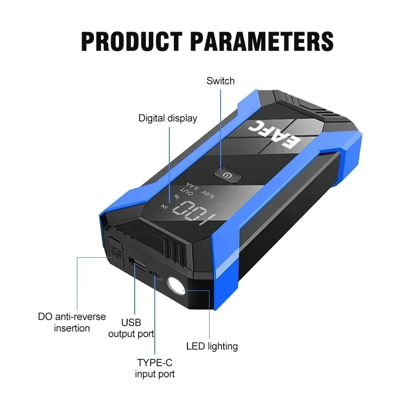 Arrancador de Batería Coche 1200A 12V EAFC | Power Bank 20000mAh con Carga Inalámbrica, LED SOS y Martillo de Emergencia