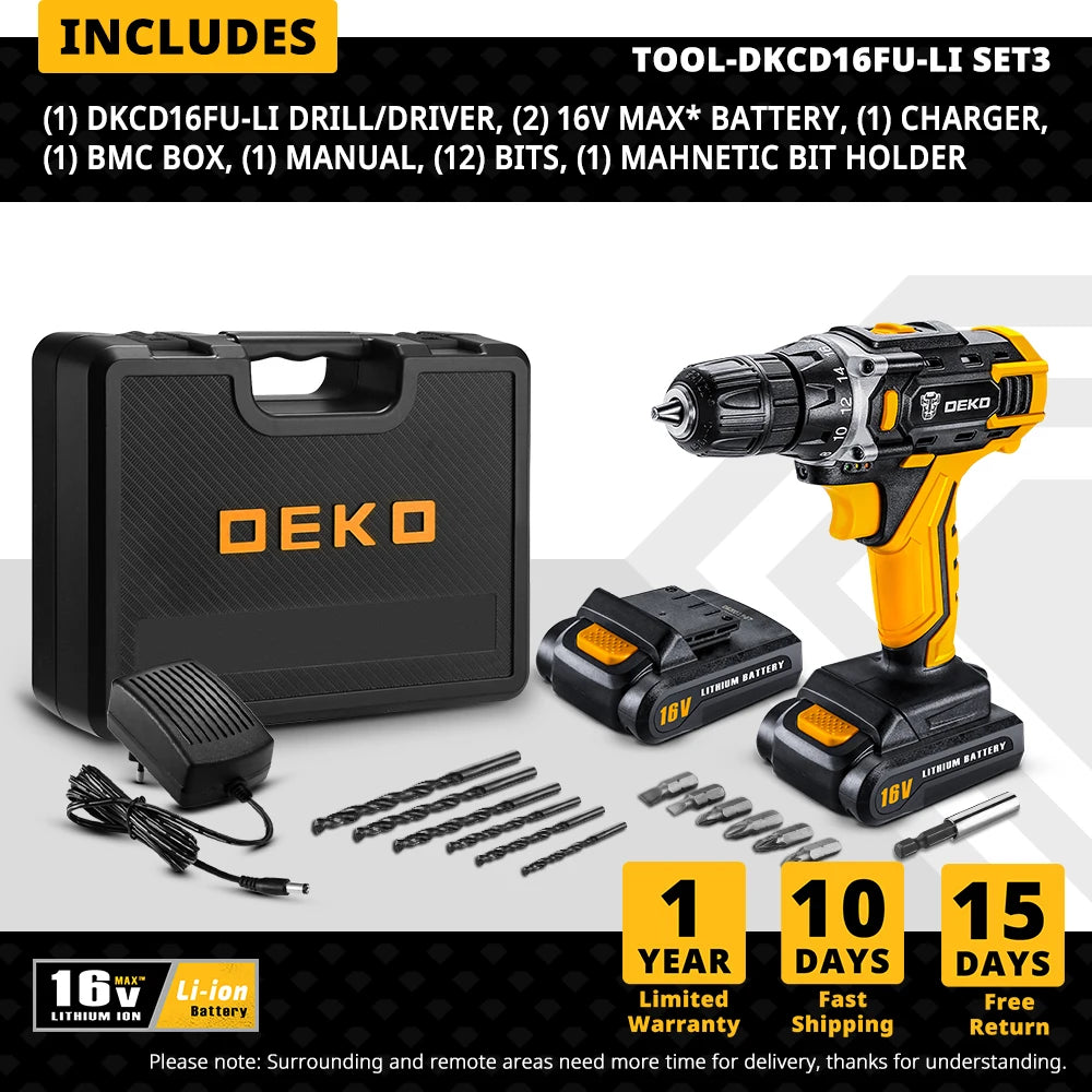 Taladro Inalámbrico DEKO 12V/16V/20V – Destornillador Eléctrico con Batería Litio para Bricolaje