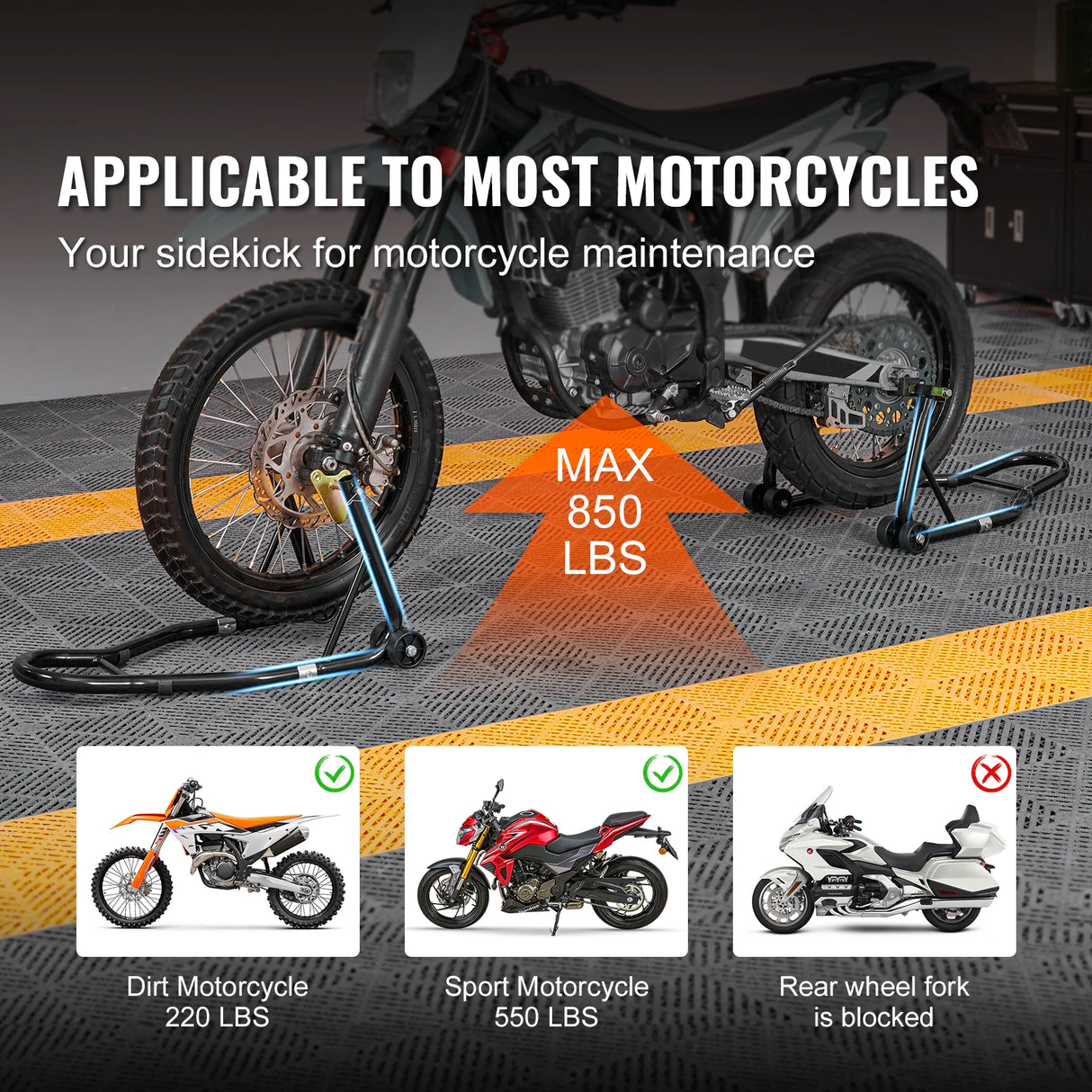 Soporte de Elevación para Motocicleta SucceBuy 850 lb – Caballete Delantero y Trasero Alta Resistencia, Soporte de Horquilla y Rueda Trasera para Mantenimiento