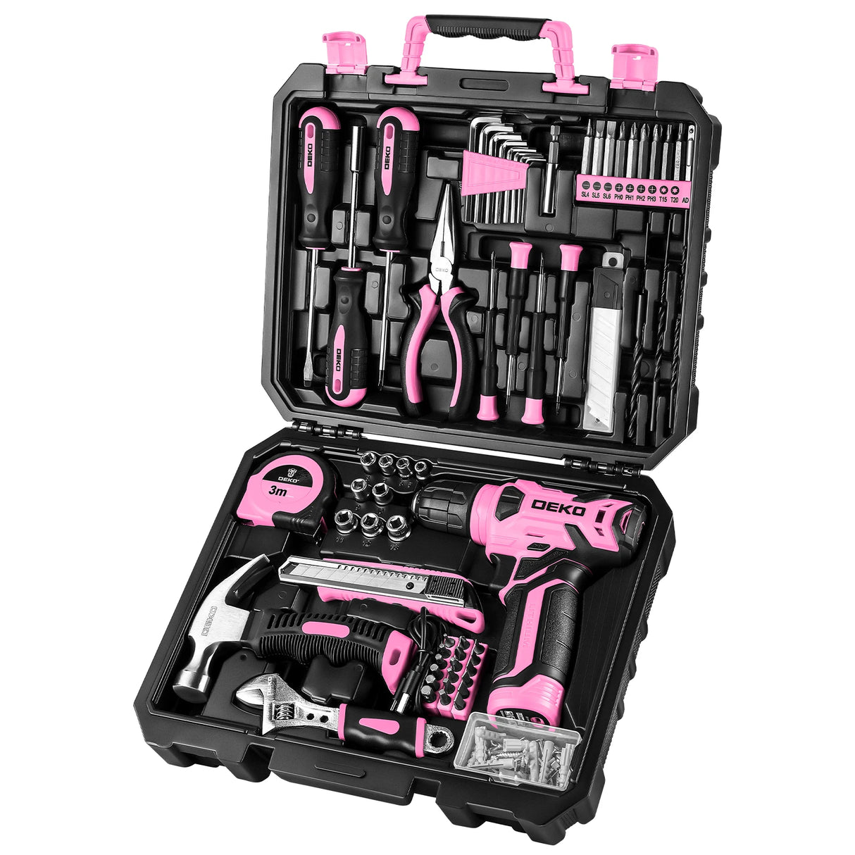 DEKO DKMT126 Kit de Herramientas 126 Piezas con Taladro Inalámbrico 8V y Accesorios para Bricolaje y Hogar