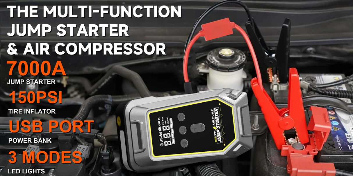 GKFLY 4 en 1 Arrancador de Coche 7000A con Compresor 150 PSI – Power Bank y Bomba Digital 12V