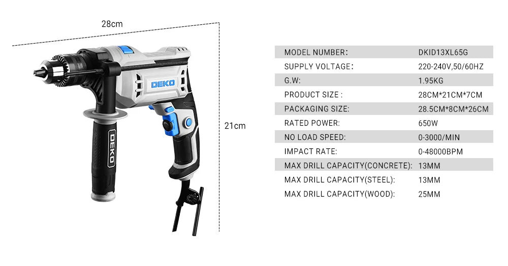 Taladro de Impacto DEKO DKID13XL65G 220V – Profesional 2 en 1 Taladro y Destornillador Eléctrico Serie DKID