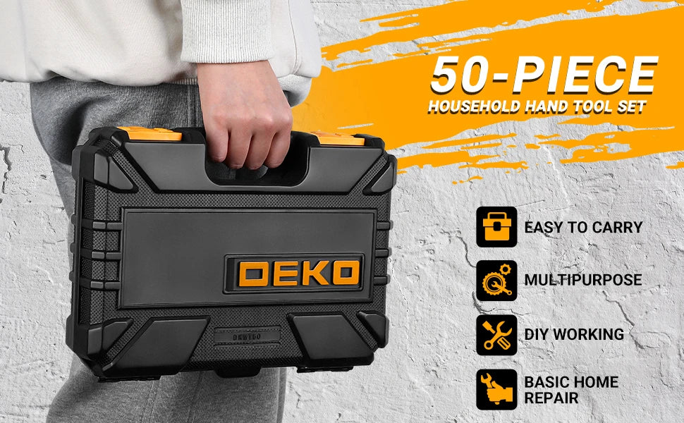 DEKO Kit de herramientas manuales de 50 piezas, material CR-V y S2 para reparación profesional de automóviles Juego de llaves de tubo de trinquete con casquillo