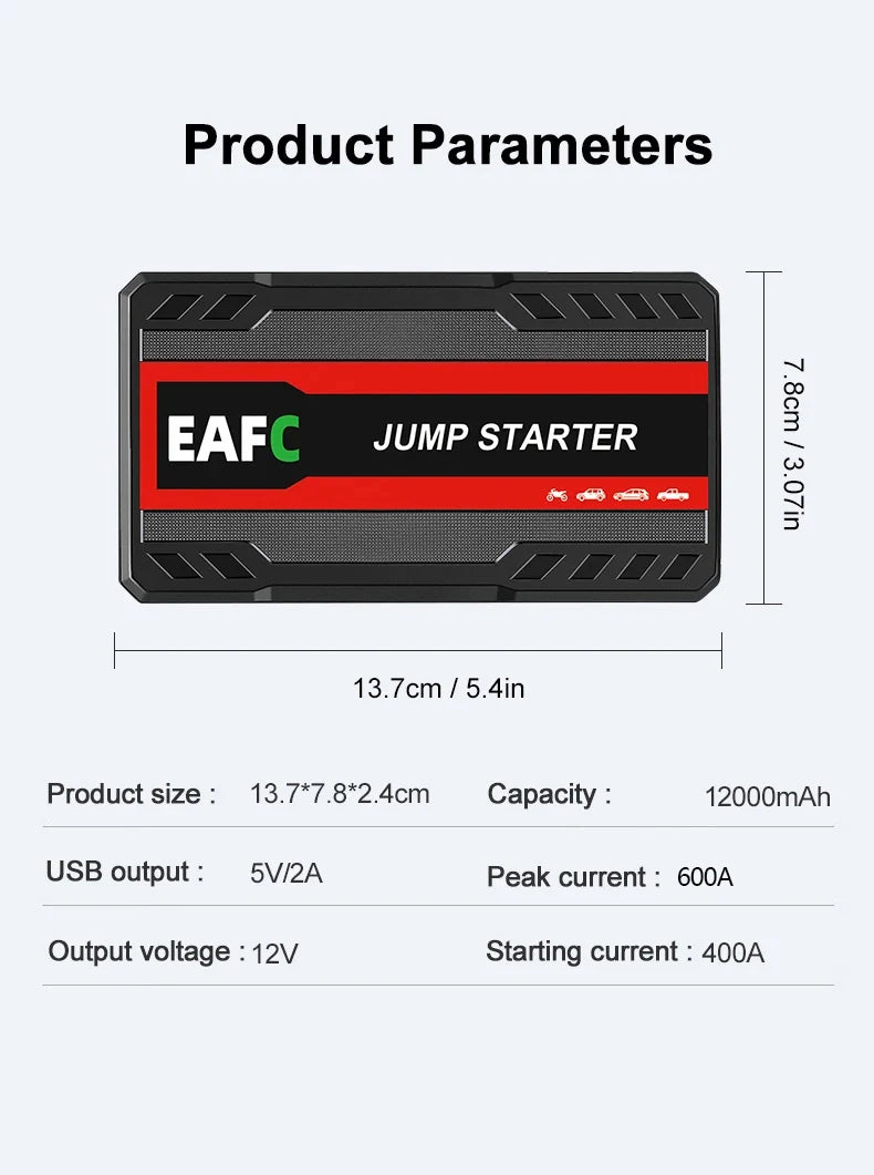 Arrancador de Batería de Coche 600A 12V con USB, Luz LED y SOS