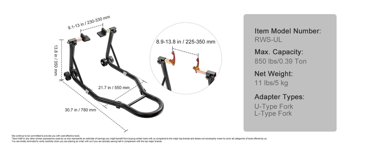 Soporte de Elevación para Motocicleta SucceBuy 850 lb – Caballete Delantero y Trasero Alta Resistencia, Soporte de Horquilla y Rueda Trasera para Mantenimiento