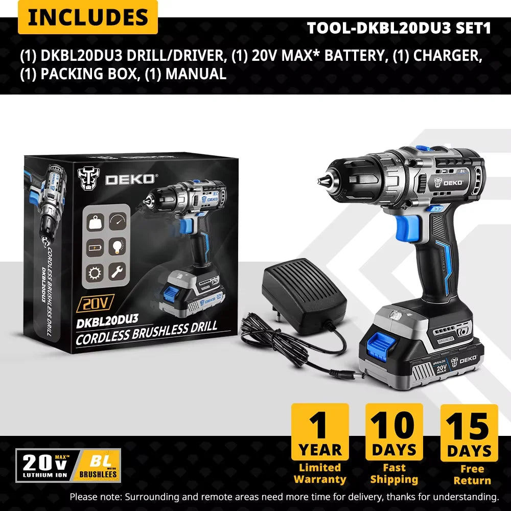 DEKO 20V DKBL20DU3 Kit combinado de taladro inalámbrico sin escobillas Mini destornillador eléctrico herramientas eléctricas de 2 velocidades para carpintería