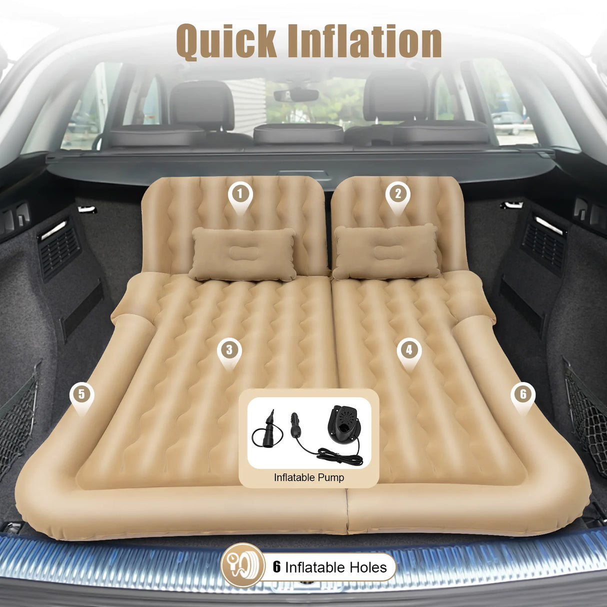 Cama Inflable para Coche con Bomba y Almohada – Colchón Hinchable Plegable Universal para Asiento Trasero, Cojín Flocado Portátil para Viajes