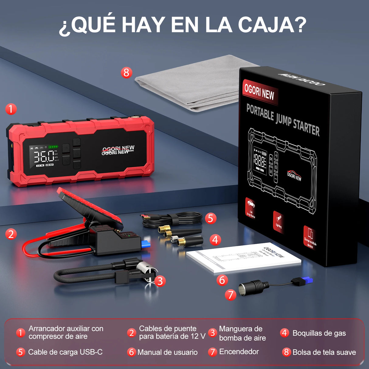 Arrancador de Coche 8000/9000A con Compresor 150 PSI – Booster Batería Portátil para Gasolina y Diésel