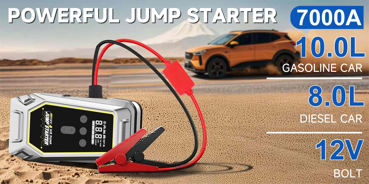 GKFLY 4 en 1 Arrancador de Coche 7000A con Compresor 150 PSI – Power Bank y Bomba Digital 12V