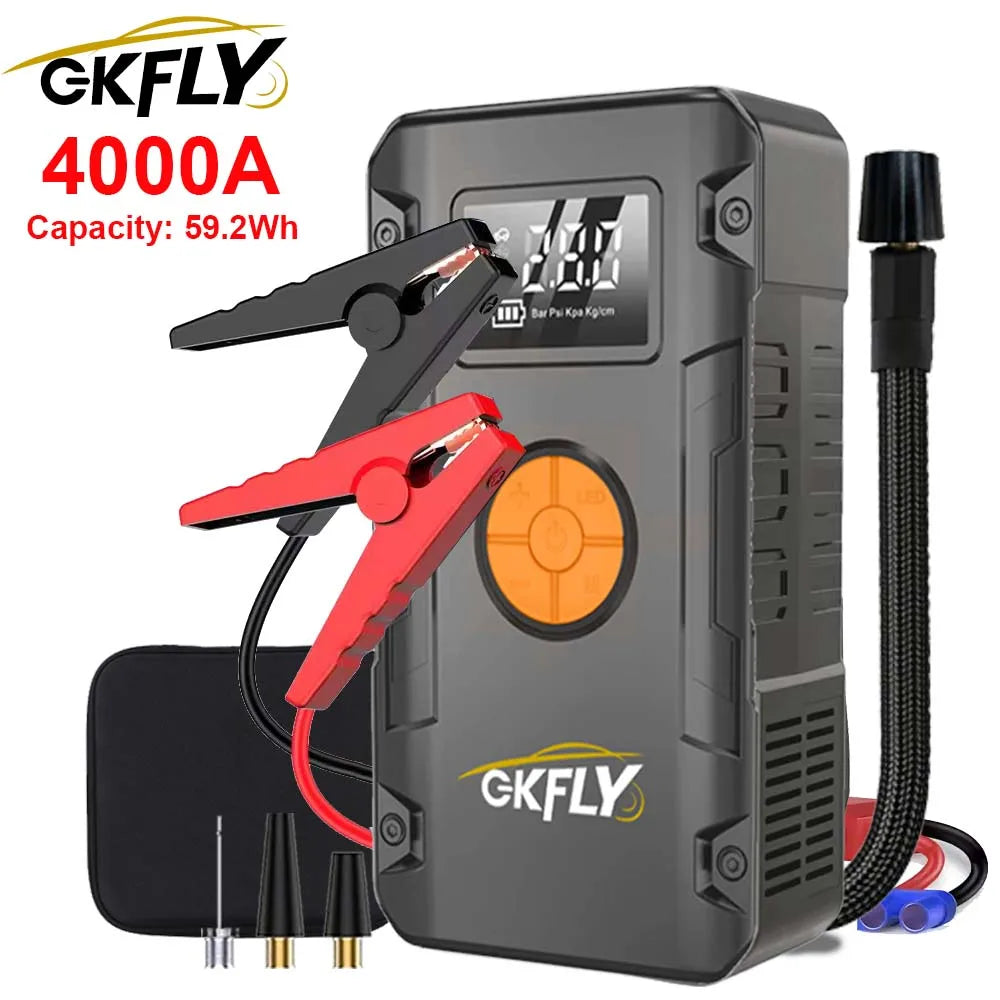 GKFLY 4 en 1 Arrancador de Coche 7000A con Compresor 150 PSI – Power Bank y Bomba Digital 12V