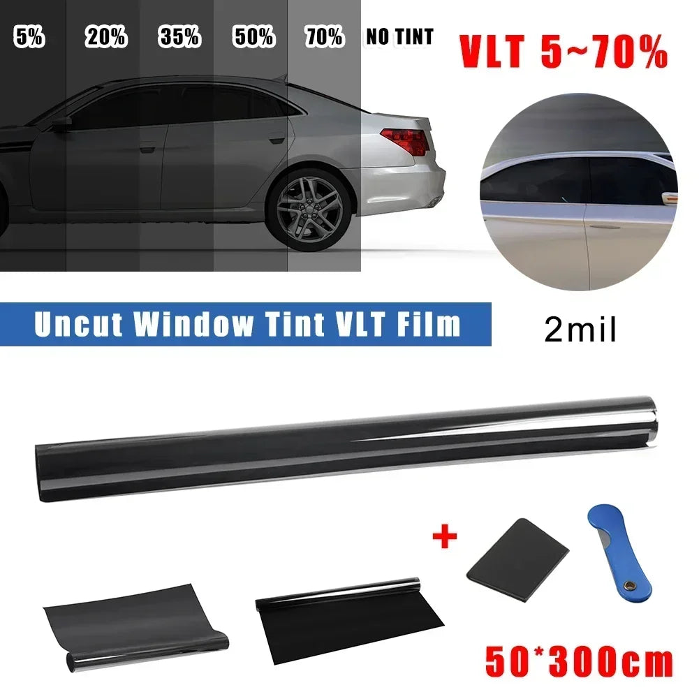 Lámina Tintada para Ventanas de Coche 50x300 cm – Negro 5%–70% VLT, Protección UV y Adhesivo Solar