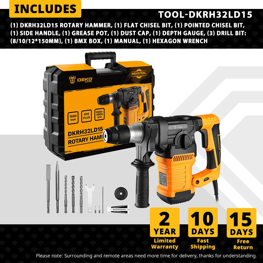 Martillo Perforador DEKO DKRH32LD1 2000W 220V – Taladro de Impacto y Demolición Multifuncional con 6 Accesorios