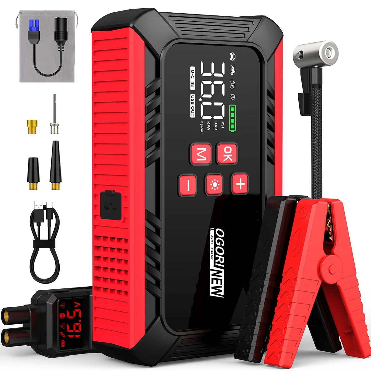 Arrancador de Coche 8000/9000A con Compresor 150 PSI – Booster Batería Portátil para Gasolina y Diésel