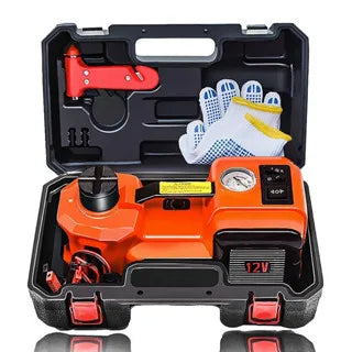 Gato hidráulico eléctrico de suelo para coche, bomba de inflado de neumáticos y linterna LED, juego 3 en 1 con martillo de seguridad, 12V, 5 toneladas, QZ002