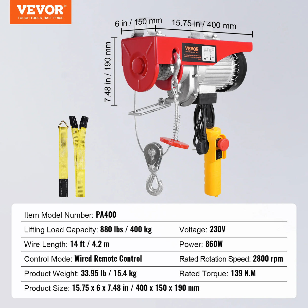 Polipasto Eléctrico VEVOR 250 kg 510W – Elevación 12 m con Motor de Cobre para Garaje y Almacén