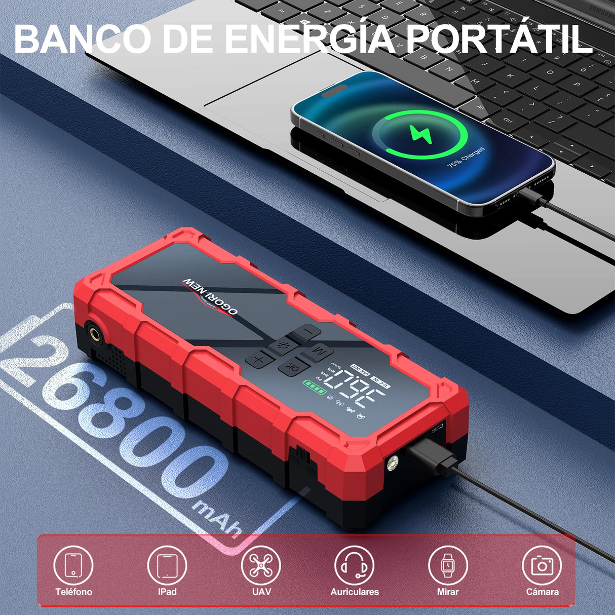 Arrancador de Coche 8000/9000A con Compresor 150 PSI – Booster Batería Portátil para Gasolina y Diésel