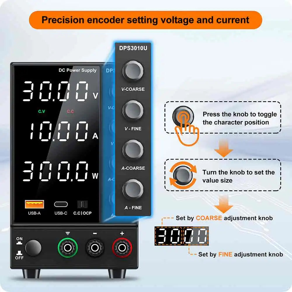Fuente de Alimentación de Laboratorio Ajustable CC 30V/60V/120V – 5A/10A/3A con Pantalla LCD y Salida Estabilizada