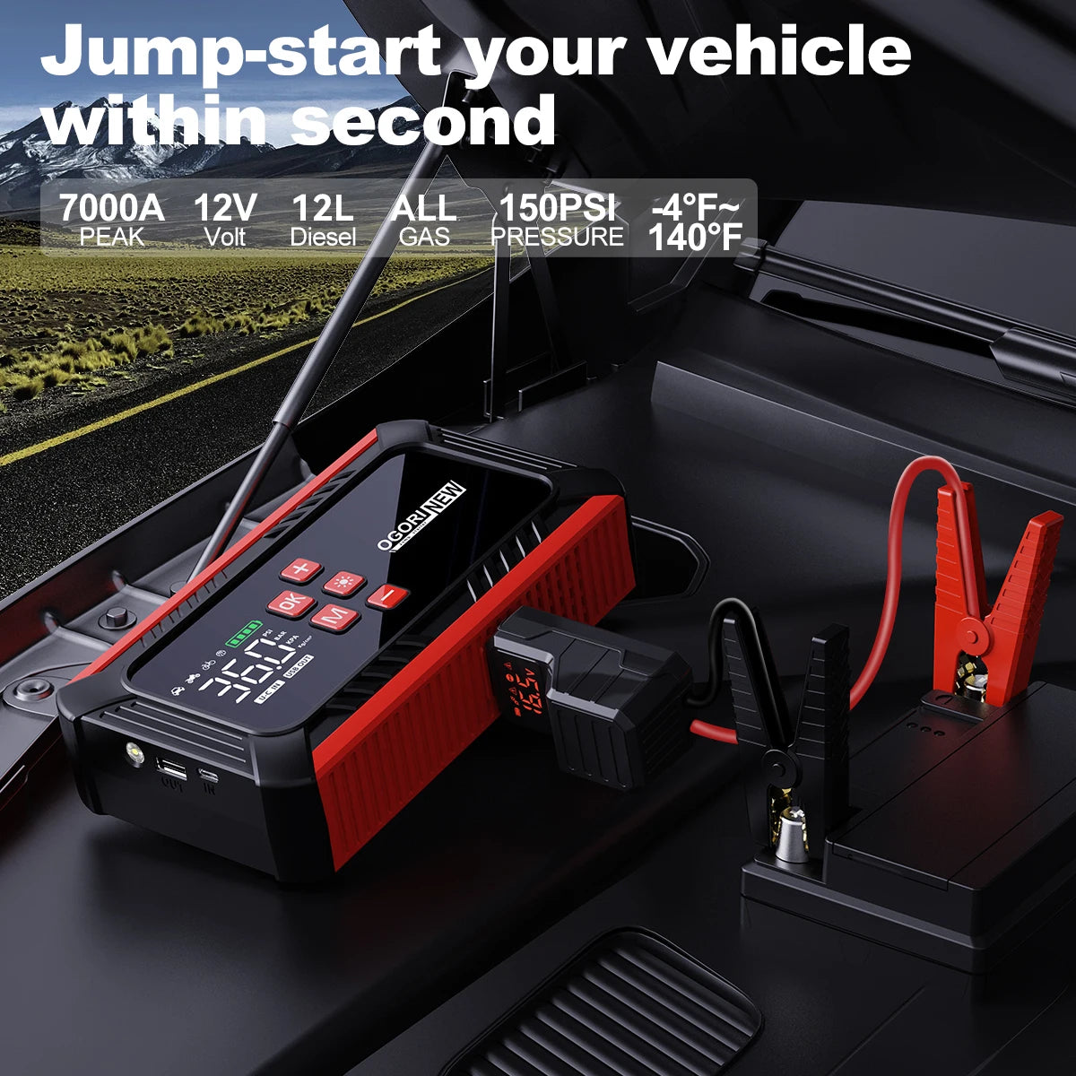 Arrancador de Coche 8000/9000A con Compresor 150 PSI – Booster Batería Portátil para Gasolina y Diésel