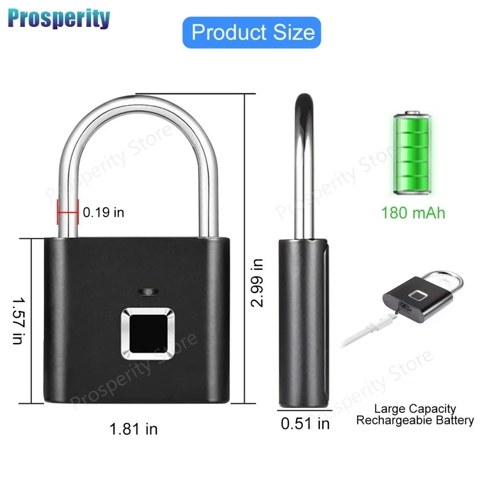 Candado Inteligente con Huella Dactilar USB – Impermeable IPX, Desbloqueo Rápido 0.3s, Candado Portátil Antirrobo de Zinc