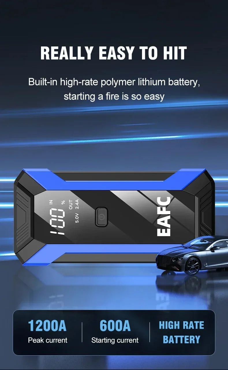 Arrancador de Batería Coche 1200A 12V EAFC | Power Bank 20000mAh con Carga Inalámbrica, LED SOS y Martillo de Emergencia