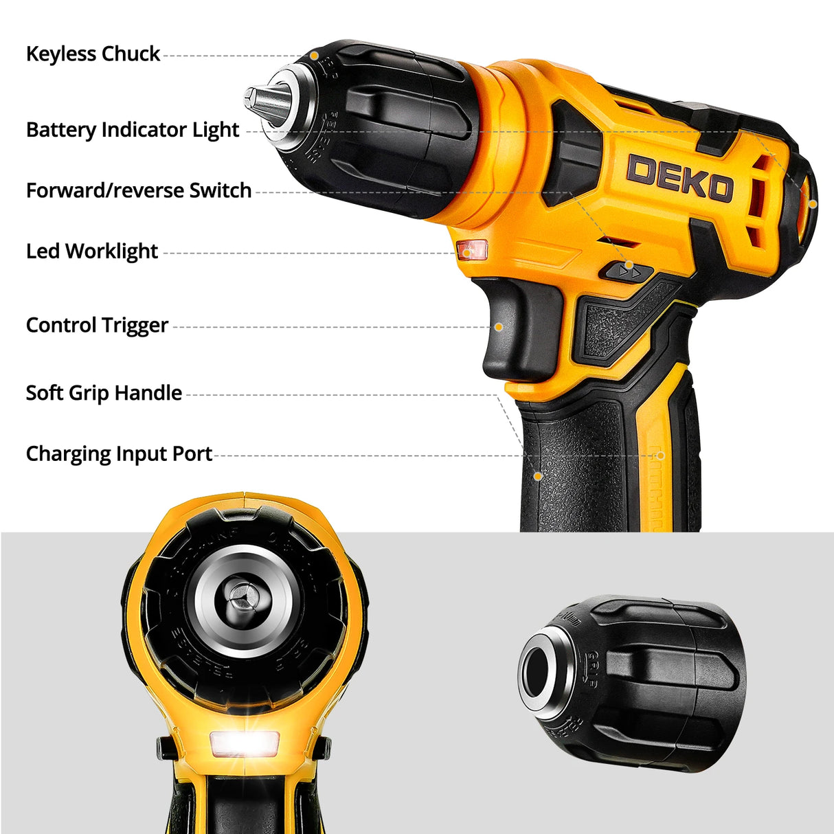 Kit de Herramientas DEKO 8V Inalámbrico – Taladro 3/8” 10 mm Sin Llave con Accesorios para Hogar