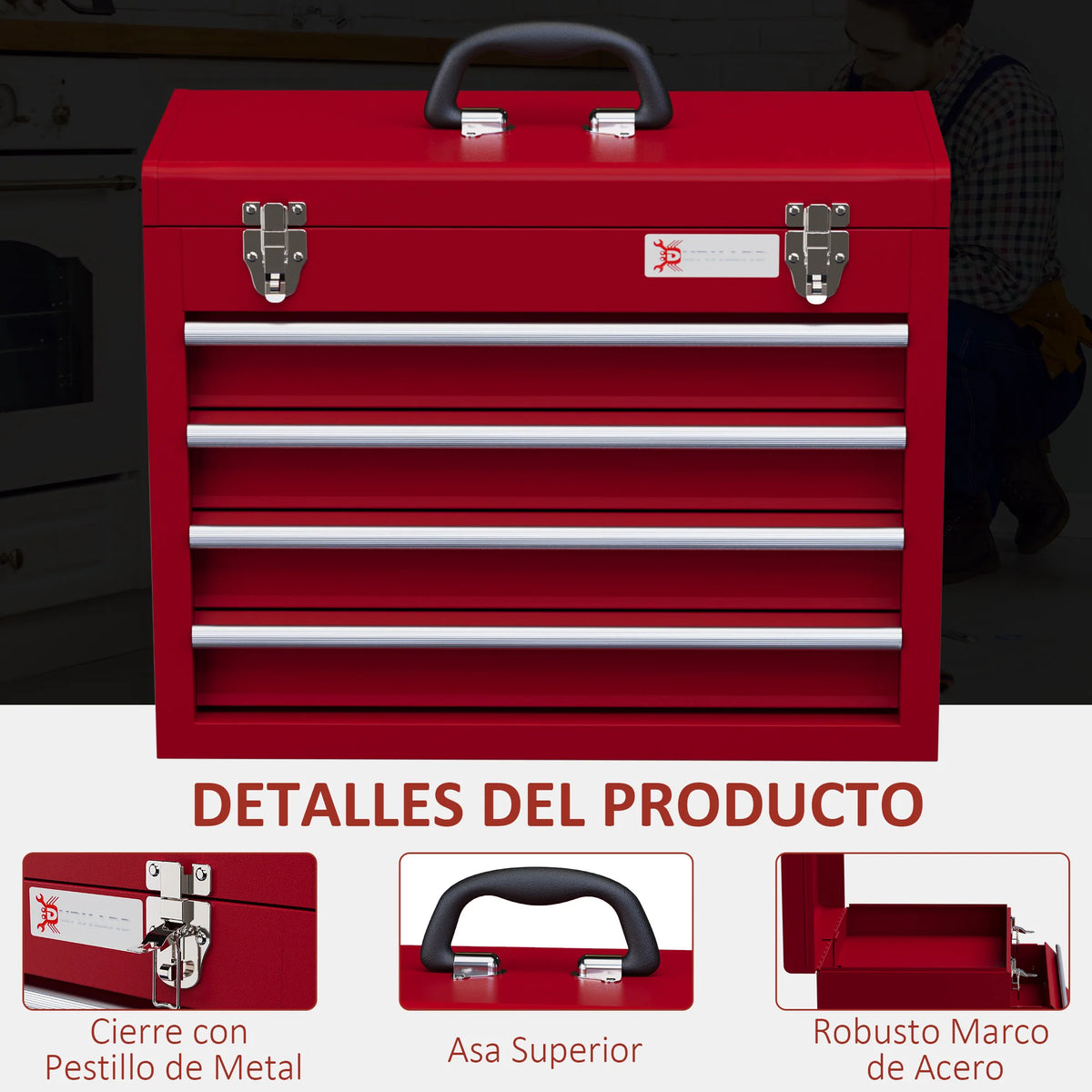 DURHAND Caja de Herramientas de Acero con 4 Cajones Bandeja Tapa Abatible y Cierres Metálicos 51x22x39,5 cm Rojo