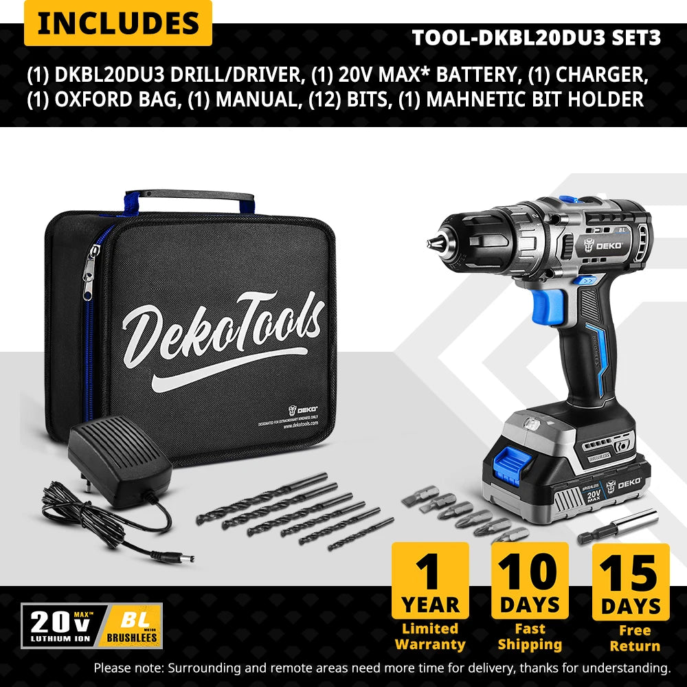 Kit Taladro Inalámbrico DEKO 20V Brushless – Mini Destornillador Eléctrico 2 Velocidades para Carpintería