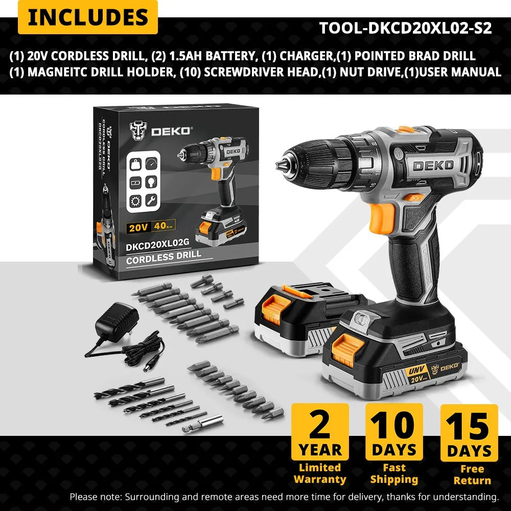 Taladro Inalámbrico DEKO 20V – 2 Velocidades, 18+1 Posiciones y Kit de 29 Piezas con Batería