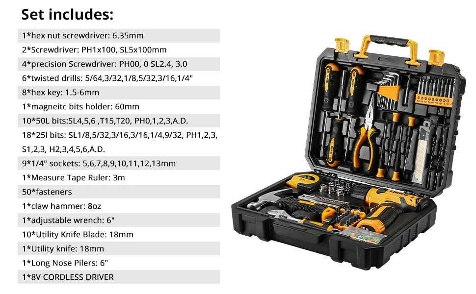 Kit de Herramientas DEKO 8V Inalámbrico – Taladro 3/8” 10 mm Sin Llave con Accesorios para Hogar