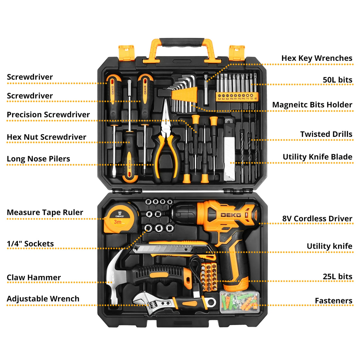 Kit de Herramientas DEKO 8V Inalámbrico – Taladro 3/8” 10 mm Sin Llave con Accesorios para Hogar