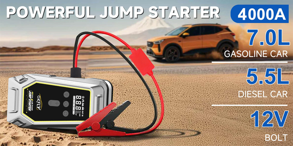 Arrancador de Coche 4 en 1 4000A con Compresor 150 PSI – Power Bank 59.2Wh e Inflador Digital 12V