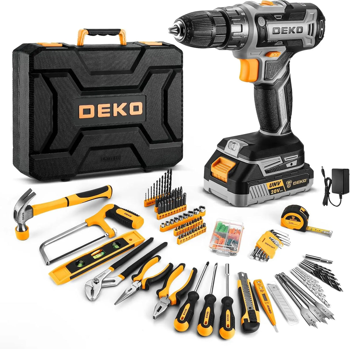 Maletín de Herramientas DEKO 186 Piezas con Taladro 20V – Kit Completo Profesional para Bricolaje