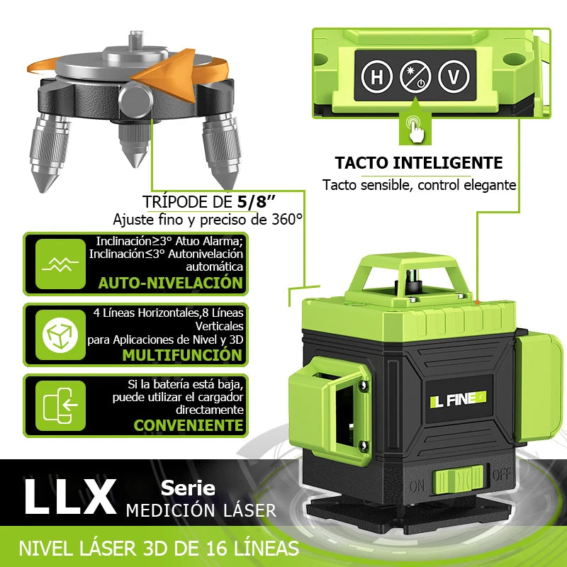 Nivel Láser Verde 4D 16 Líneas con Soporte y Mando a Distancia – Nivelador Automático Horizontal y Vertical, Alta Precisión para Construcción