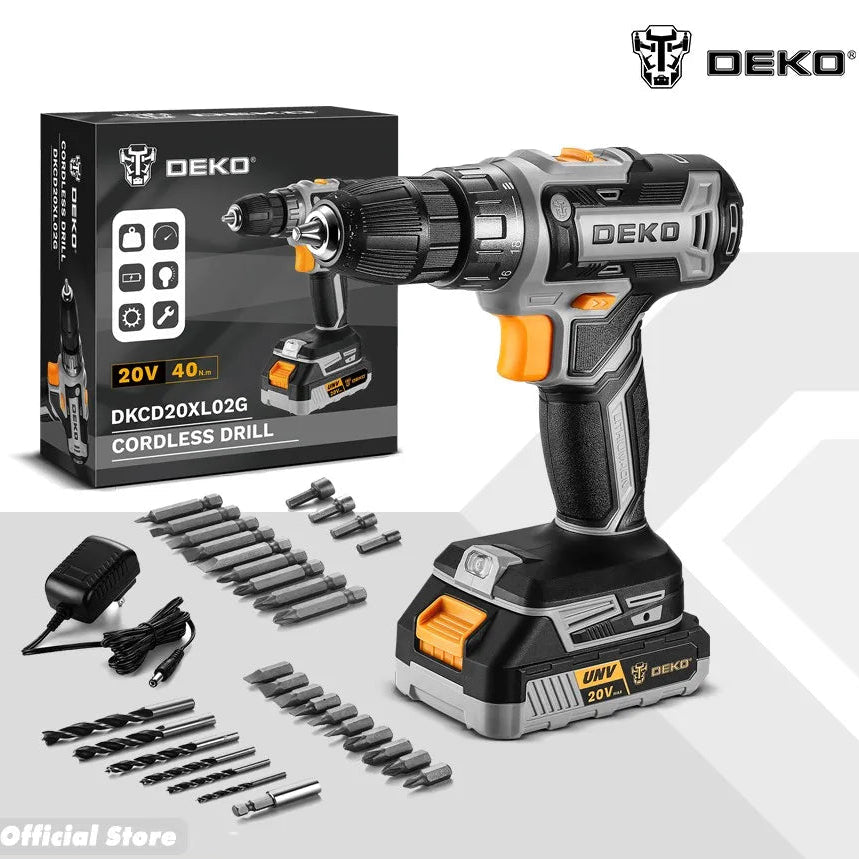 Taladro Inalámbrico DEKO 20V – 2 Velocidades, 18+1 Posiciones y Kit de 29 Piezas con Batería