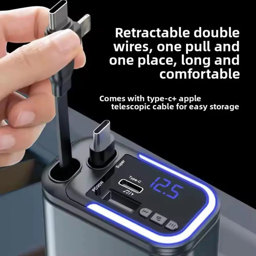 Cargador de Coche 5 en 1 con Bluetooth FM – Carga Rápida USB, Cable Retráctil, MP3 y Soporte U Disk
