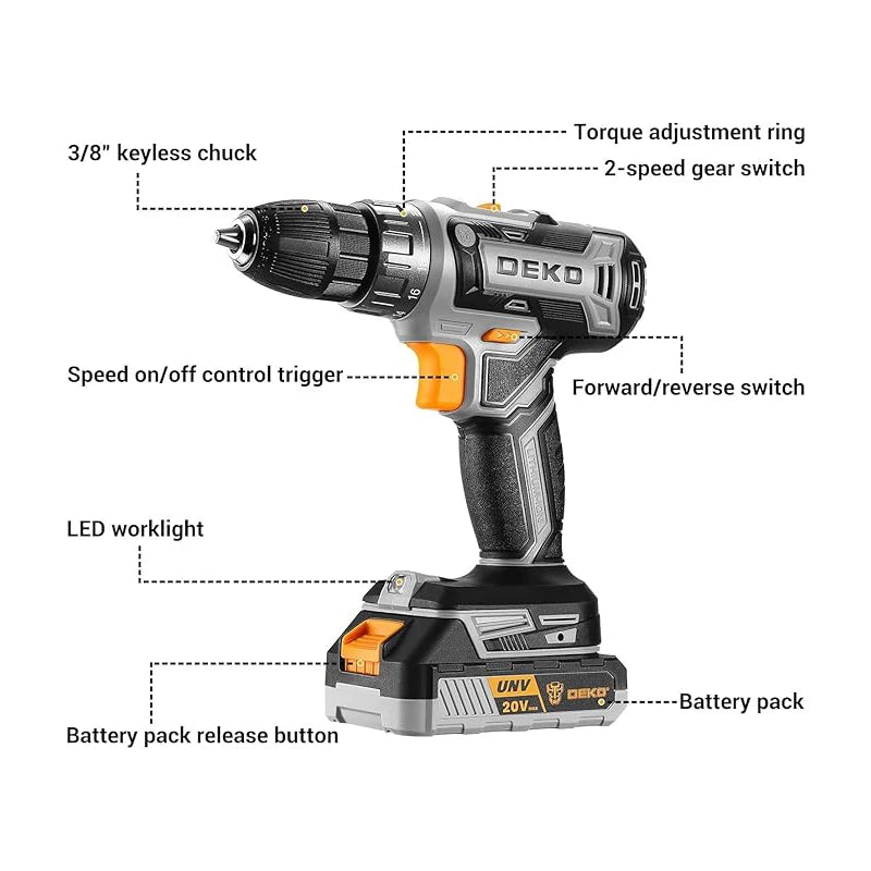 Taladro Inalámbrico DEKO 20V con Batería y Cargador – Kit Ligero para Bricolaje y Carpintería Doméstica