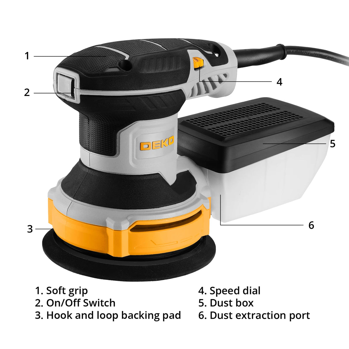 Lijadora Orbital DEKO 300W 14.000 RPM – 125 mm con 16 Lijas y Colector de Polvo para Madera y Metal