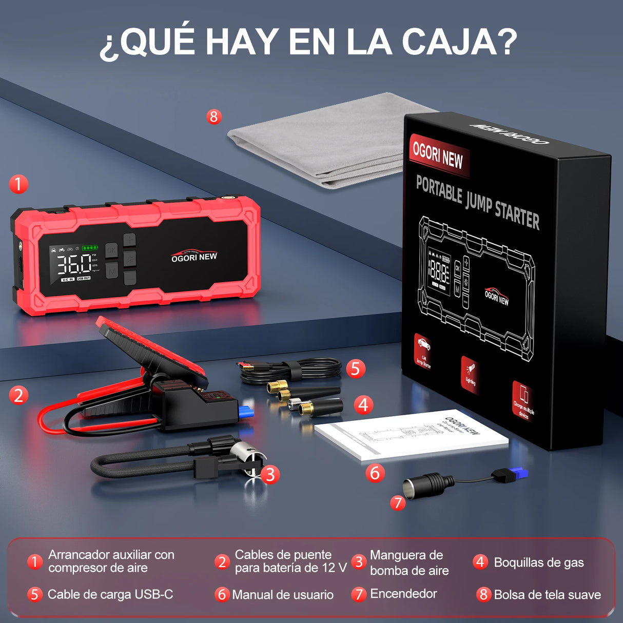 Arrancador de Coche 8000/9000A con Compresor 150 PSI – Booster Batería Portátil para Gasolina y Diésel