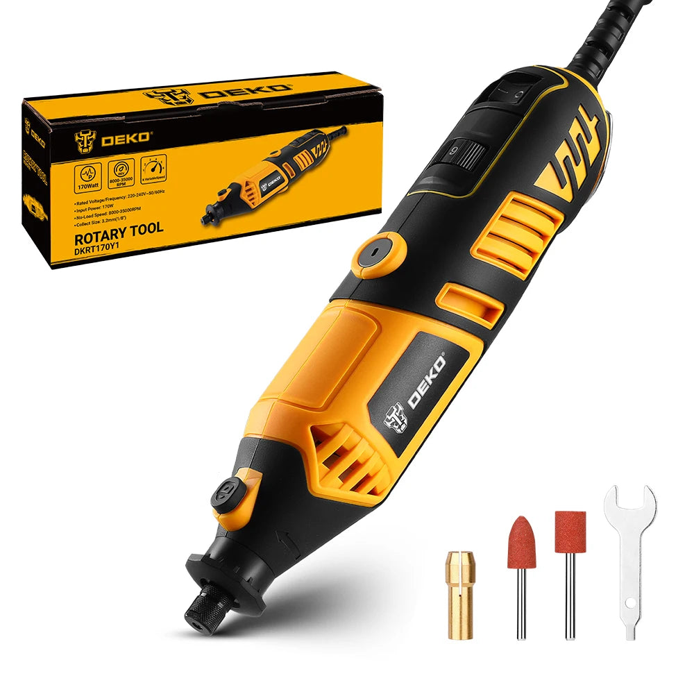 DEKO Kit de Herramientas Rotativas Eléctricas – Mini Multiherramienta para Madera y Metal (Amoladora y Perforadora)