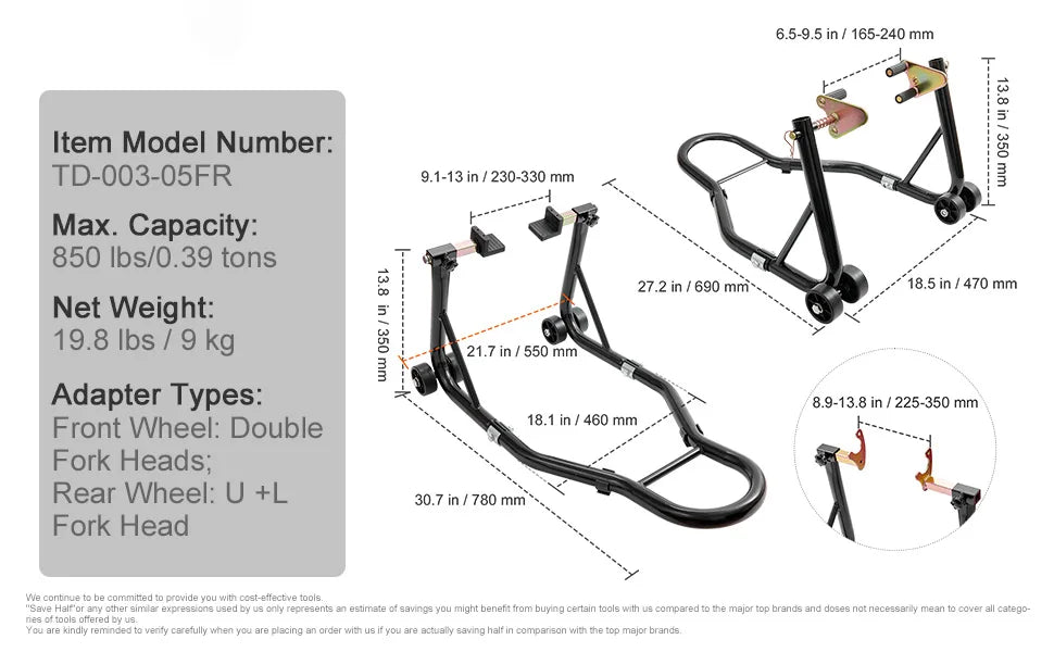 Soporte de Elevación para Motocicleta SucceBuy 850 lb – Caballete Delantero y Trasero Alta Resistencia, Soporte de Horquilla y Rueda Trasera para Mantenimiento